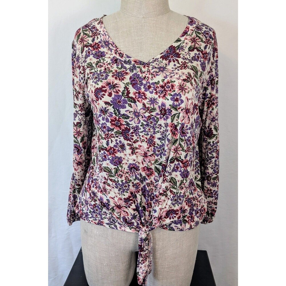 NWT Oak & Trellis Plus Size 2X Floral Tie Front Long Sleeve Top Rayon Blend